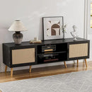 TV Stand for TVs up to 65'', Entertainment Center with Rattan Door, Shelves & 2 Cabinets, Boho Media TV Console for Living Room, Bedroom, Black by CozyNest Decor