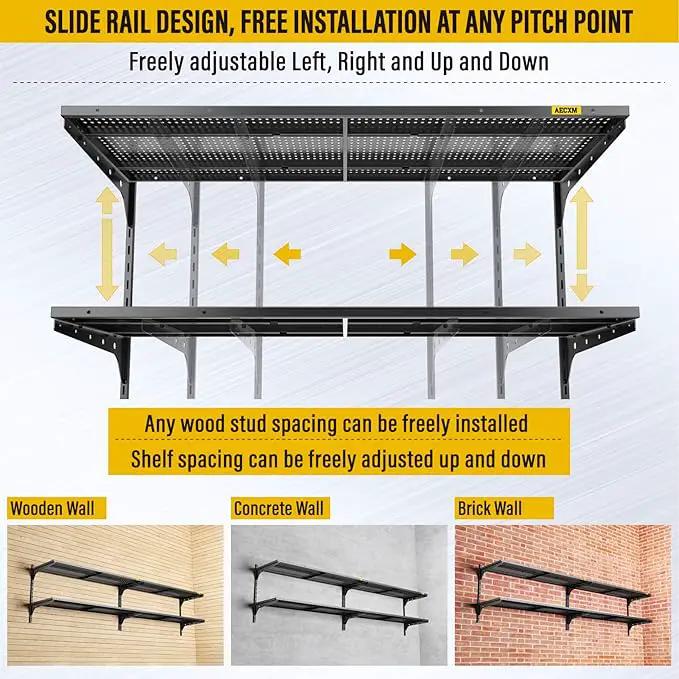 2-Pack 2 Tier 1.3x4ft Garage Shelving Wall Mounted, 800 lbs Load Capacity，15.6x48inch per Shelf Height Cassette Adjustable Floating Shelves(Black), photo 7 of 7
