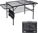 Folding Grill Table, 3x2 FT Portable Camping Table with 2 Wing Panels, Height Adjustable Metal Tables with Mesh Desktop and Mesh Bag, Outdoor Furniture for Camping, Picnic, Beach and BBQ, Black by GreenHaven Gardens