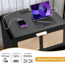 LEVNARY Nightstand with Charging Station, Mid-Century Modern Bedside Table with Curved Top Corners and Fabric-Like Textured Drawer, Wooden End Table for Farmhouse Bedroom Living Room (1, Black) by CozyNest Decor