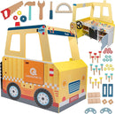 Construction Truck Wooden Playset w 60+ Toy Pieces- Pretend Hammer Saw Bolts & Screws- Spinning Turn Saw, Steering Wheel, Wood to Pull Apart- Dual Sided Play Stand Center, Workbench Building Kids Gift by TinyTreasures Baby Boutique
