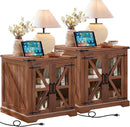 24" End Table Set of 2 with Charging Station, Farmhouse Night Stand with Glass Barn Door, Nightstands with Adjustable Storage Shelf, Large Wood Square Bed Side Table for Living Room,Bedroom by CozyNest Decor