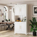 75" Tall Kitchen Pantry Storage Cabinet, Metal Storage Cabinets with 4 Doors and Adjustable Shelves，White Kitchen Hutch Cabinet with Microwave Stand, Large Cupboard for Dining Living Room by CozyNest Decor