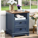 18" Farmhouse Night Stand with Charging Station, 2 Drawers End Table Dresser for Bedroom, Blue Wooden Nightstand, Bed Side Table with Open Shelf, Bedside Cabinet for Living Room, Closet by CozyNest Decor