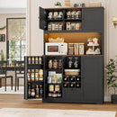 FINETONES 71" Pantry Cabinet with LED Light and Charging Station, Kitchen Pantry Cabinet with Microwave Stand, Kitchen Hutch Food Storage Cabinet with Outlet and Wine Racks, Black by CozyNest Decor