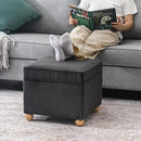 Adeco 17 Inch High Striped Flannel Black Cube Ottoman Storage, 3D Embossed Velvet Chair Foot Stools, Upholstered Vanity Stool with Hinged Lid, Solid Round Wood Legs by CozyNest Decor