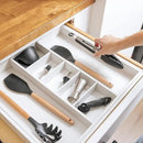 Adjustable Kitchen Drawer Organizer for Utensils and Junk, Food-Safe Contract Grade with 100% Sustainable Wood, Expandable from 19 to 33 Inches Wide - White Bamboo by CozyNest Decor