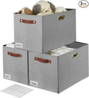 3-Pack Foldable Fabric Storage Bins with Durable PU & Metal Handles, Collapsible Storage Baskets for Shelves, Home Storage, Closet Organizers, Living Room(17"x11.8"x11.8", Grey) by CozyNest Decor