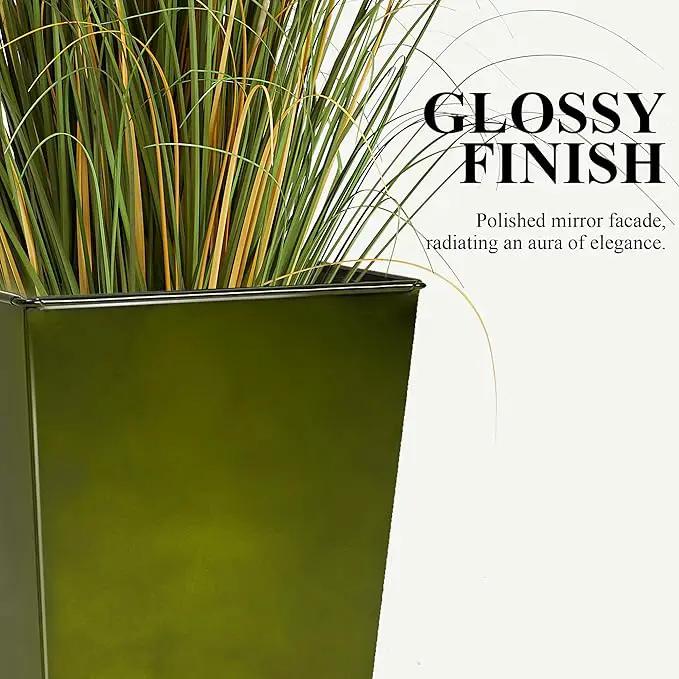 Worth Garden Large Metal Glazed Floor Planter Set of 2-14" Dia x 18" H - Luxurious Glossy Finish Green Tall Square Tapered Steel Plant Pots, Decor Flower Pot Indoor & Outdoor, Drainage Hole, photo 2 of 6