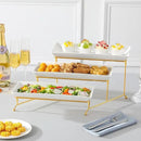 MALACASA 3 Tier Serving Trays for Party, 14 Inch Porcelain White Trays for Serving Food, Dessert Stand with Collapsible Gold Metal Rack by CozyNest Decor