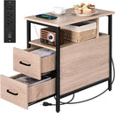 Side Tables with Charging Station, Narrow End Table with 2 Wooden Drawers, USB Ports and Power Outlets, Narrow Nightstand and Bedside Table, Side Tables Living Room, Bedroom, Greige by TinyTreasures Baby Boutique