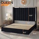 Jocisland Queen Size Bed Frame with 58" Tall Headboard, Velvet Upholstered Platform Bed with Channel Tufted Wingback Headboard and Plating Trim, No Box Spring Needed, Black by CozyNest Decor