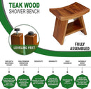 TeakCraft Teak Shower Stool with Shelf – Water Resistant, Non-Slip Premium Indonesian Teak Wood Bath Seat Bench for Shower – Fully Assembled Wood Spa Bath Organizer Seat with Leveling Feet, The Randi by TinyTreasures Baby Boutique