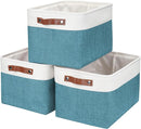 Storage Bins Large Fabric Storage Baskets for Shelves 3 Pack, Decorative Linen Closet Baskets with Handles for Organizing, Shelf, Clothes, Home, Office, 15x11x9.5Inches (Teal&White) by TinyTreasures Baby Boutique