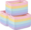 Shelf Baskets for Organizing, Woven Storage Basket for Shelves，Cotton Rope Storage Bins for Toys Books, Nursery Towel Baskets for Classroom, 14.96"X9.8"X8.85", 3-Pack Pastel Rainbow by CozyNest Decor