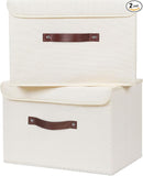ANMINY 2PCS Storage Bins with Lid PU Leather Handles Storage Boxes PP Plastic Board Decorative Foldable Lidded Cotton Linen Fabric Home Cubes Baskets Closet Organizer Containers - Beige, Large Size by TinyTreasures Baby Boutique