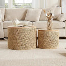 Nesting Coffee Table Set of 2, Natural Round Wooden Coffee Tables Rustic Woven Circle Side/Sofa Table for Small Space Living Room Bedroom Apartment No Assembly Required by CozyNest Decor