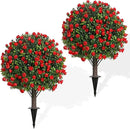 Artificial Rose Topiary Trees, 17 Inch UV-Resistant Red Flowers, Set of 2 with Ground Stakes, Indoor Outdoor Decorative Plants by GreenHaven Gardens