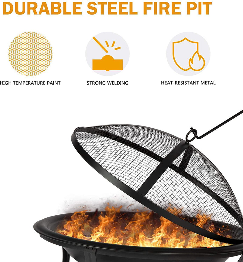 22-Inch Outdoor Wood-Burning BBQ Grill Fire Pit with Round Mesh Spark Screen Cover