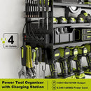 12 Cordless Drill Holder Large Power Tool Organizer Wall Mount with Side Pegboard & Screwdriver Holder, 4-Tier Heavy Duty Metal Tool Storage Rack with 4-Outlet Power Strip by GreenHaven Gardens