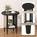 Yusong Round End Table Rattan Side Table with Solid Wood Legs, Boho Style Nightstand Bedside Table with 2-Tier Shelves, Small Coffee Table for Living Room Bedroom Small Spaces Black by CozyNest Decor