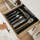 Premium Silverware, Flatware and Utensil Organizer for Kitchen Drawers, Food-Safe Contract Grade, Expandable from 14.5 to 25 In, Black Bamboo by CozyNest Decor