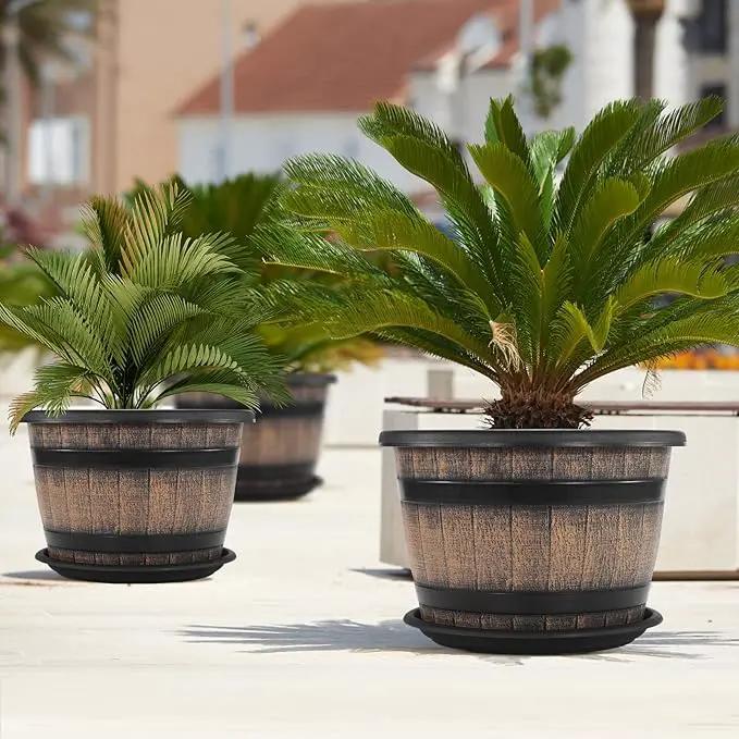 Quarut Large Plastic 3 Pack16 inch Plant Pots,Whiskey Barrel Planters with Drainage Holes & Saucer.Flower Pots Imitation Wine Barrel Design for Indoor & Outdoor Garden Balcony Plants.7 Gallons(Brown), photo 6 of 7