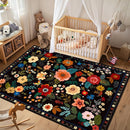 Floral 6x9 Area Rug Machine Washable Soft Print Boho Carpet Non Slip Doormat Low Pile Flower Area Rugs for Living Room Bedroom Nursery Kitchen Dining Room Indoor-Black by TinyTreasures Baby Boutique