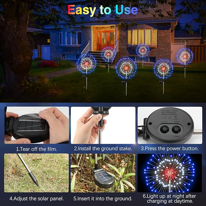 4th of July Firework Solar Garden Lights, Red Blue White Solar Firework Lights with 120 LED 2 Lighting Modes, Outdoor Waterproof Yard Lighting for Independence Day Memorial Day Decor, 4 Pack, photo 6 of 9