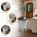 Rustic Storage Farmhouse Accent Side Table, Antique Galvanized Metal End Coffee Cocktail Table Box Bin with Round Wooden Lid Set of 2 (Distressed White) by CozyNest Decor