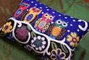 Lumbar Four Owls Decorative Pillow Cover Blue Whimsical Hand Embroidered Wool 14x20 by CozyNest Decor