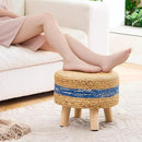 Handwoven Round Ottoman, Natural Water Hyacinth Outdoor Patio Pouf Seagrass Low Stool with Wood Legs, Soft Padded Footrest for Living Room Bedroom Garden, Blue by CozyNest Decor