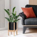 D'vine Dev Ceramic Planter with Natural Stand - 8 Inch Modern Round Flower Pot with Wood Planter Holder, Black, 55-B-N-2 by CozyNest Decor