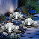 LEWIS&WAYNE Solar Garden Lights Outdoor, 3 Pcs Silver Gray Lotus Flower Pathway Lamps with Cool White Crackle Glass Globe Led Lights for Patio Pathway Yard Balcony Garden Decorations by CozyNest Decor