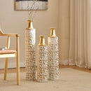 Medhansh Metal Floor Vase, Tall Floor Vase with Gold Twig Pattern, Antique White Finish (Set of 3) by CozyNest Decor