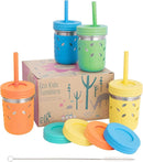 Elk and Friends 10oz Stainless Steel Kids + Toddler Drinking Cups | The Original Mason Jars with Lids + Sleeves + Straws | Smoothie Cups | Spill Resistant | Dishwasher Safe | 4 Pack by TinyTreasures Baby Boutique