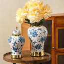Ginger Jars for Home Decor, White and Gold Vase, Porcelain Ginger Jar Chinoiserie Blue and White Vase with Gold Trim and Floral Pattern, Ceramic Flower Vase for Home, Temple and Storage Jars(18in) by CozyNest Decor