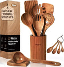 Wooden Spoons for Cooking, Nonstick Kitchen Utensils Set with 4 Piece Measuring Spoons, Comfort Grip Wooden Spatula Set, 9 Piece Teak Wooden Cooking Utensils with Holder and Spoon Rest by CozyNest Decor