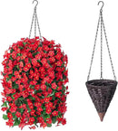 Artificial Fake Red Hanging Flowers Plants Basket for Outdoor Outside Winter Christmas Decor, Faux Silk Look Real UV Resistant Orchid for Fall Porch Garden Yard Patio Home by CozyNest Decor