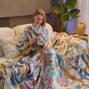 Fall Throw Blanket for Couch, Yellow Boho Decorative Throw Blanket, 100% Cotton Muslin Breathable Woven Farmhouse Blankets Quilt, 80"x90" Reversible Lightweight Blankets Bohemian Throw Quilt by CozyNest Decor