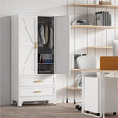 71'' Farmhouse Metal Wardrobe Cabinet with Hanging Rod, 2 Barn Door Wardrobe Closet with Adjustable Shelves,2 Drawer,for Dining Room,Bedroom,Living Room, Cloak Room,Office (White) by CozyNest Decor