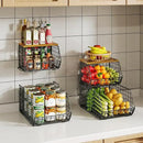 X-cosrack 2-Tier Stackable Wire Baskets for with Wood Lid, Wall Hanging Baskets for Potato and Onion Storage, Fruit Basket for Kitchen Counter, Metal Baskets for Snack Produce Cans by CozyNest Decor