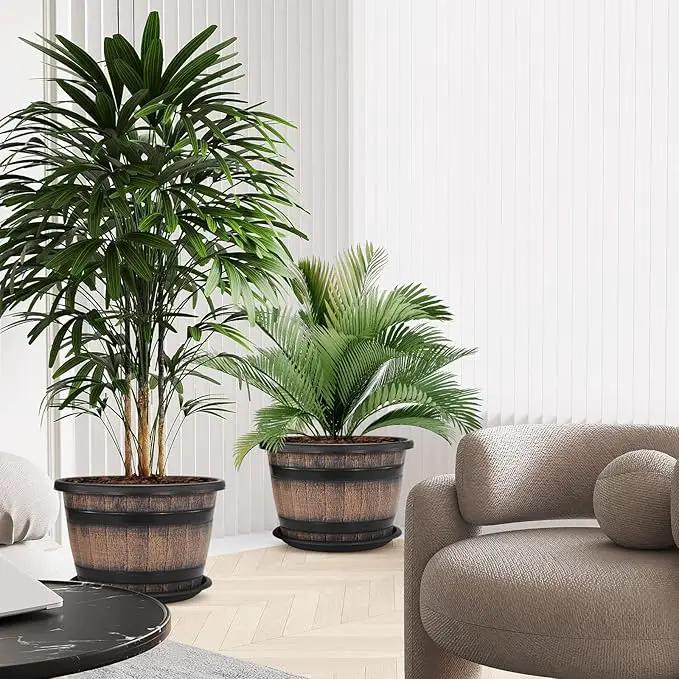 Quarut Large Plastic 3 Pack16 inch Plant Pots,Whiskey Barrel Planters with Drainage Holes & Saucer.Flower Pots Imitation Wine Barrel Design for Indoor & Outdoor Garden Balcony Plants.7 Gallons(Brown), photo 5 of 7