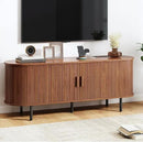 TV Stand with Power Outlet, Mid-Century Modern Television Stand, Media Console with Sliding Doors, Entertainment Center for TVs up to 60 Inch, Adjustable Shelves, Walnut by CozyNest Decor