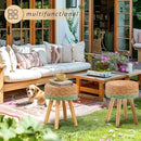 Handwoven Outdoor Ottoman, Water Hyacinth Pouf Round Patio Footstool with Wood Legs, 17-Inch Multipurpose Vanity Stool, Dining Chair, Patio Footrest for Balcony and Garden, Green by CozyNest Decor