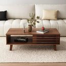 Mid Century Coffee Table with Storage & Sliding Fence Door, Modern Coffee Tables for Living Room, Walnut Finish by CozyNest Decor