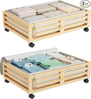 Bamboo Under Bed Storage Containers- Underbed Organizer with Wheels with Large Dust Bag,Sturdy Wood Rolling Under the Bed Shoe Storage Organizer Drawer 2 Packs (Nature, Small) by CozyNest Decor