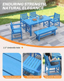 HDPE Outdoor Dining Set of 6, Patio Dining Table Set with 4 Chairs and 1 Bench, 6 Pieces HDPE Dining Set with Umbrella Hole, Outdoor Furniture Sets for Deck, Poolside, Garden, Sky Blue by CozyNest Decor