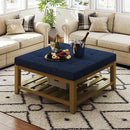 Large Square Ottoman Coffee Table, Linen Solid Upholstered Footrest Ottoman with Solid Wood Shelf Storage Tufted Coffee Table for Bedroom Living Room, Navy Blue by CozyNest Decor