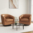 Swivel Barrel Accent Chair, Modern Round Faux Leather Arm Chair for Living Room, Bedroom, Comfy Club Reading Chairs for Adults, Faux Leather Brown, Set of 2 by CozyNest Decor